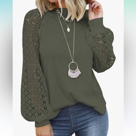 MIHOLL Tops - Crochet Balloon Sleeve Knit Pullover - Forest Green